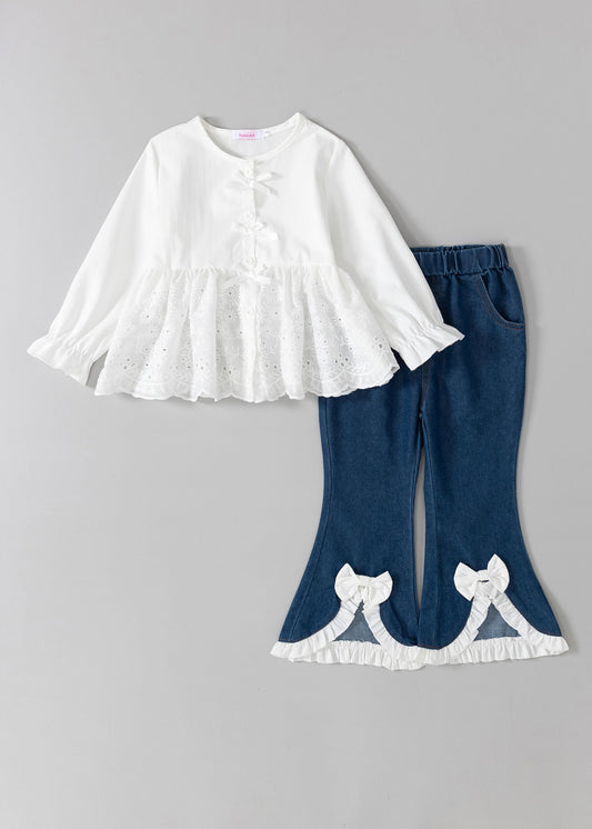 2-Pc Bow Applique Flared Blouse & Jeans