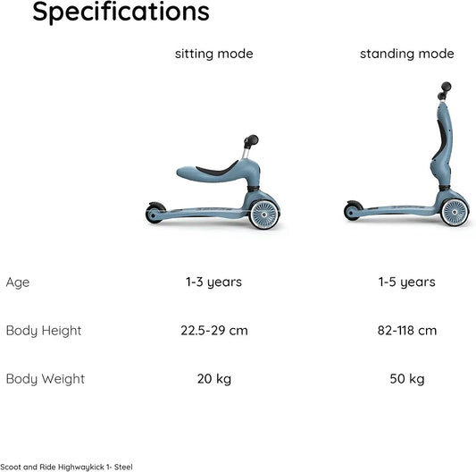 Scoot & Ride 2-in-1 Kids Scooter with Adjustable Seat & Handlebar, Stable & Safe Kickboard for Toddlers, Compact & Lightweight, 3-Wheel Design, Ages 1 to 5 Years, Highwaykick 1 