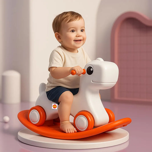 Kidsmate 3-in-1 Baby Push Ride-On, Rocking Horse & Balance Board | Safe, Non-Toxic & Durable Toy for Toddlers | Silent Wheels & Back Support | Indoor & Outdoor Fun Perfect for Kids 1-4 Yrs - White
