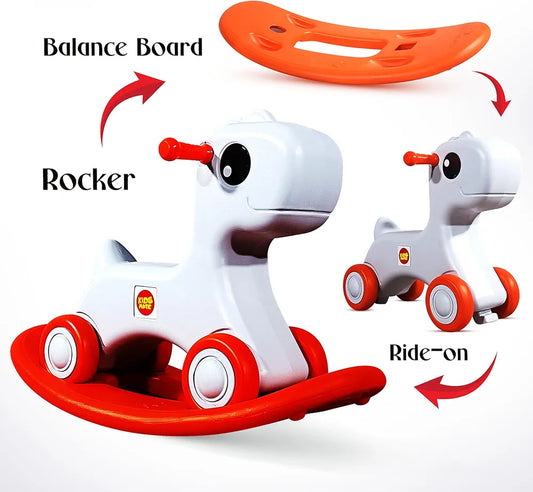 Kidsmate 3-in-1 Baby Push Ride-On, Rocking Horse & Balance Board | Safe, Non-Toxic & Durable Toy for Toddlers | Silent Wheels & Back Support | Indoor & Outdoor Fun Perfect for Kids 1-4 Yrs - White