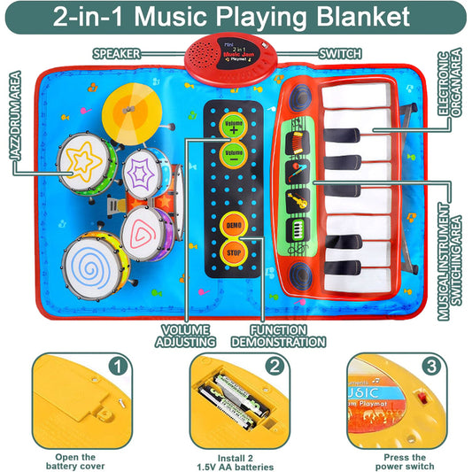 2 in 1 Piano Keyboard Drum Mat Music Toys Floor Piano Keyboards Play Mat Early Educational Baby Musical Toy