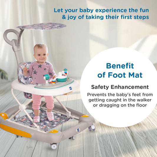 Mee Mee 2-in-1 Baby Walker & Rocker with Parental Push Handle, Anti Fall, Anti Skid Mechanism, 3 Level Height Adjustable with Light, Musical Toys, 360° Rotating Wheels 6-18 Months, Upto 15 Kg (Grey)